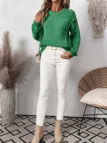 Chiquease 女士休闲纯色落肩宽松麻花针织毛衣，秋冬针织套头衫 - 綠色 - 查看 6