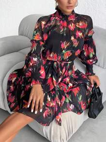 RueChic Floral Print Mock Neck Belted Long Sleeve T Chiffon Short Dress Chic