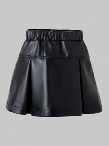 SHEIN 女童时尚金属色百褶裙，春秋冬 - 黑色 - 查看 2