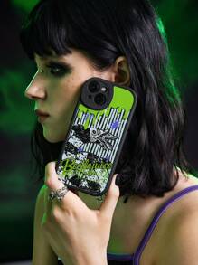 Beetlejuice | ROMWE 1pc Black Halloween Beetlejuice Design Lanyard Protective Phone Case Compatible With Apple IPhone 11 12 13 14 15 Pro Max - Black - View 5