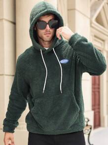 Manfinity Homme Plus Size Men's Letter Print Kangaroo Pocket Drawstring Hooded Teddy Sweatshirt