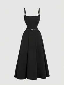 SHEIN MOD Plus Size Summer Black Cami Dress With Belt,Graduation Dress,Birthday Dresses For Women - Black - View 1