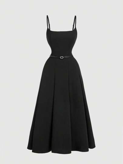 SHEIN MOD Vestido de tirantes negro de talla grande con cinturón para verano