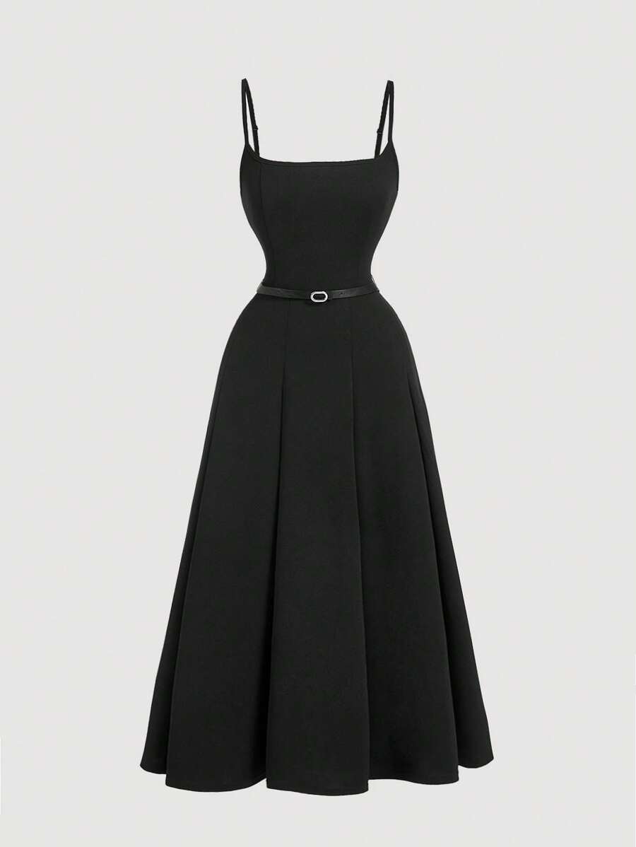 SHEIN MOD Plus Size Summer Black Cami Dress With Belt,Graduation Dress,Birthday Dresses For Women - Black - View 1
