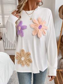 SHEIN LUNE 女士休闲花卉图案长袖白色 T 恤