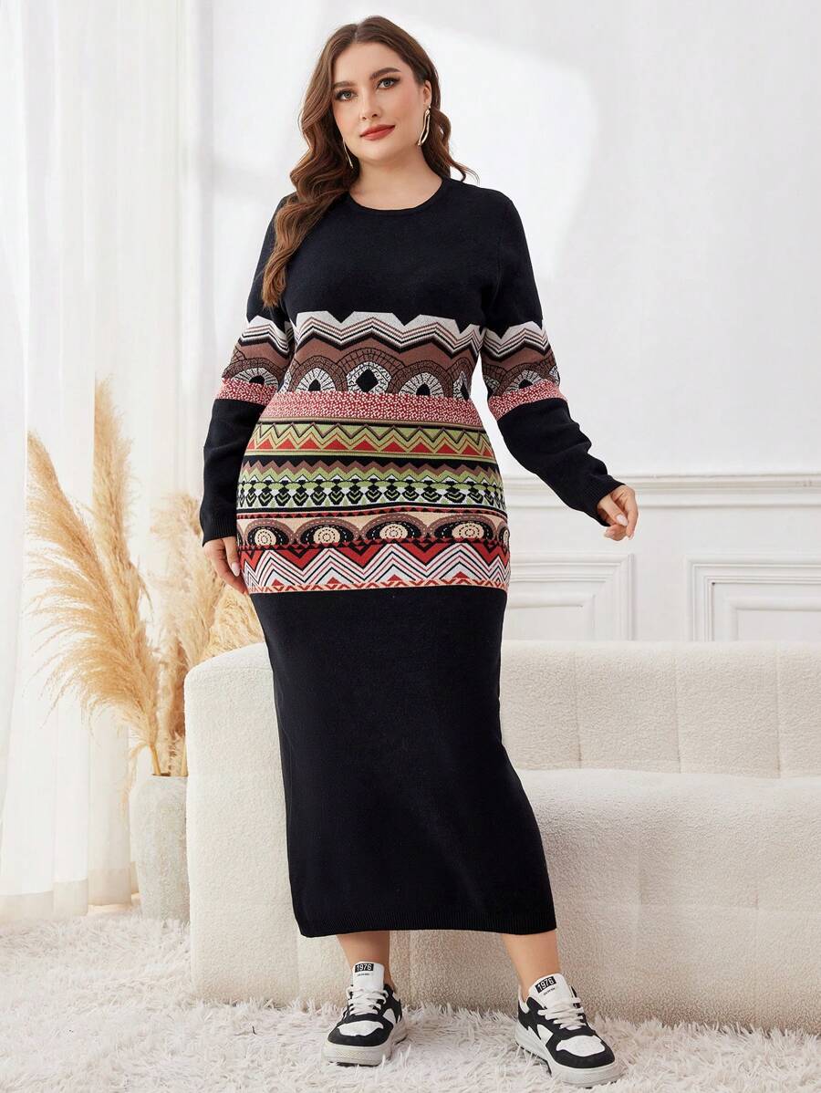 Mulvari 大码圆领数码印花长袖毛衣裙，冬季 - 彩色 - 查看 1