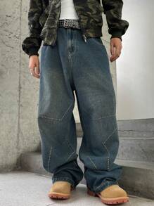 Claim Dot 男士破洞深蓝色复古牛仔宽腿宽松牛仔裤，适合送给丈夫、男朋友的礼物 - 深色水洗藍 - 查看 4