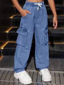 SHEIN Tween Girl Cool Distressed Denim Pencil Case & Pants Set Summer Holiday - Medium Wash - View 6