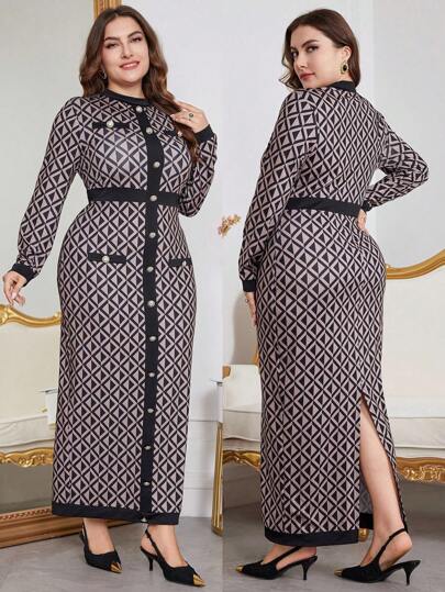 Modelyn 大码女式法式几何印花长袖连衣裙，优雅复古紧身连衣裙，适合晚会/婚礼嘉宾/周年纪念/日常穿着/工作超长女装长款晚礼服