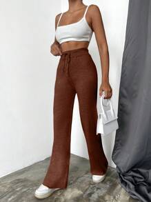 EURMUSE 女式纯色腰带直筒毛衣裤，秋冬 - 棕色 - 查看 3