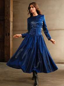 Anewsta Long Sleeve Outfit With Ruched Hemline In Metallic Fabric - Blue - View 3