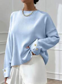 EURMUSE 女士双袖纽扣细节超大厚冬季毛衣 温暖触感 - 淺藍色 - 查看 6