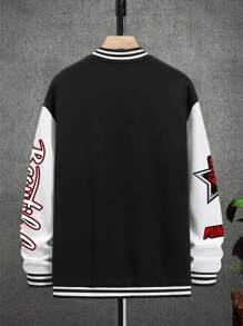 Manfinity EMRG 超大号男士卡通字母印花拼色条纹边饰运动夹克，外出街头装图案棒球长袖夹克，适合朋友、丈夫、男朋友的礼物 - 彩色 - 查看 3