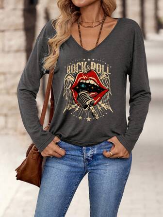 EMERY ROSE V-Ausschnitt Langarm Damen T-Shirt mit Mikrofon- und Lippen Motiv, geeignet für Herbst & Winter