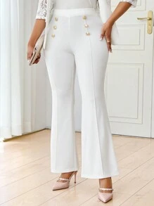 Fleurora 秋冬季秋季衣服优雅女士白色女裤女士纯色金属纽扣装饰优雅九分裤秋季女装 - 白色 - 查看 6