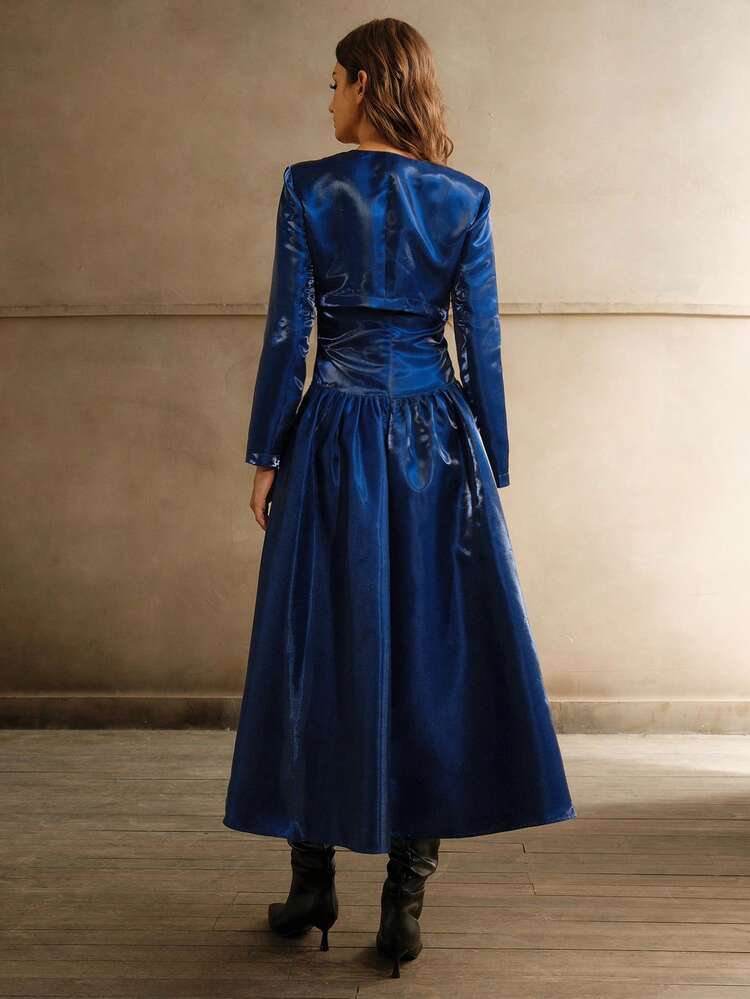 Long Sleeve Outfit With Ruched Hemline In Metallic Fabric
