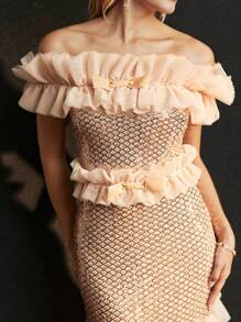 MOTF Soiréza MESH AND SEQUINS OFF SHOULDER RUFFLE TRIM MAXI COCKTAIL DRESS - Apricot - View 2