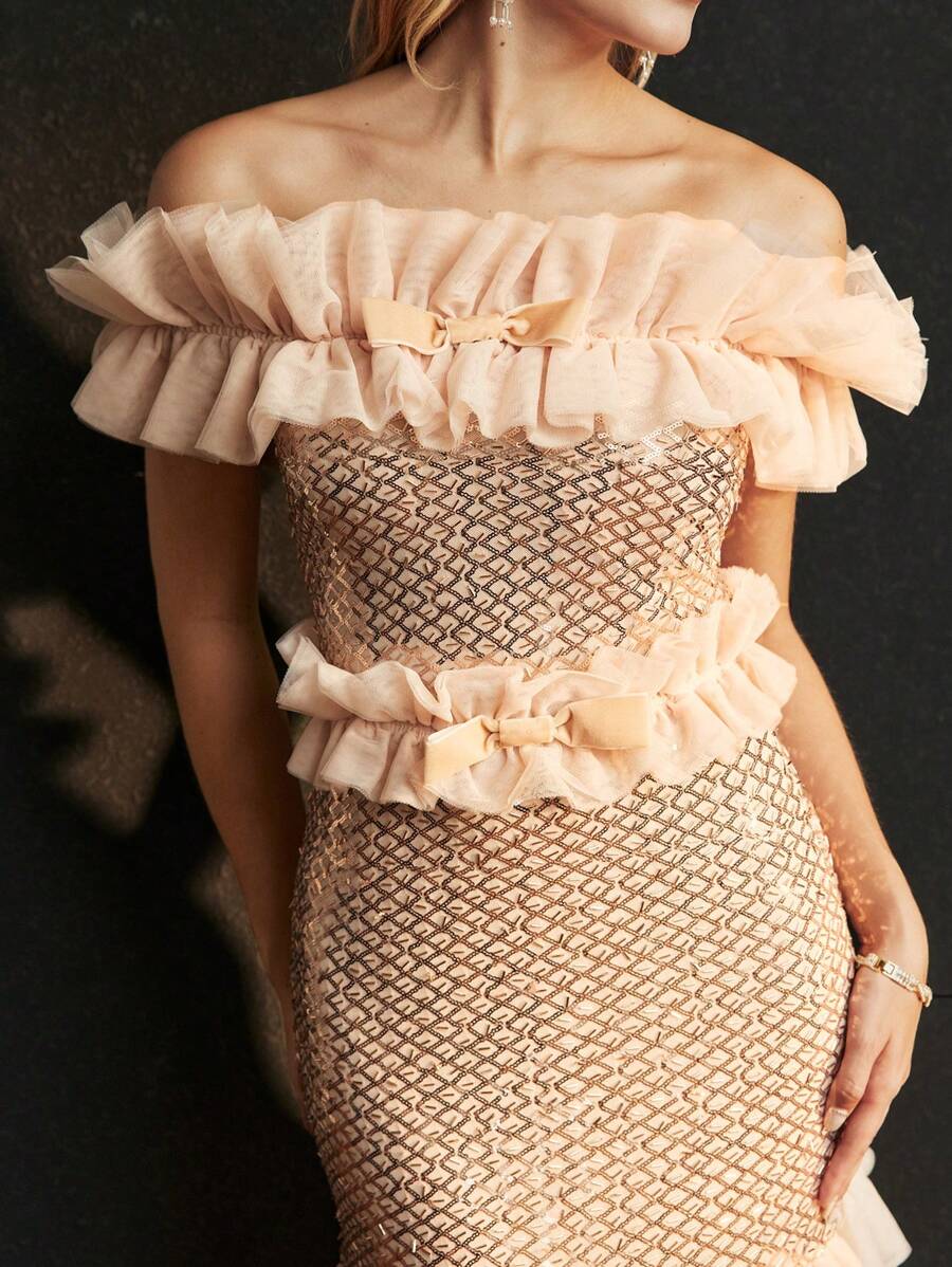 MOTF Soiréza MESH AND SEQUINS OFF SHOULDER RUFFLE TRIM MAXI COCKTAIL DRESS - Apricot - View 2