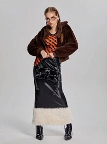 SHEIN 2 Stücke/Set grafikbedrucktes figurbetontes V-Ausschnitt Top kombiniert mit Kunstleder & flauschigem Patchwork Rock für Teenager Mädchen, Herbst/Winter