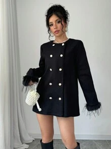 Chiquease Women's Elegant Fuzzy Cuff Double-Breasted Jacket For Autumn