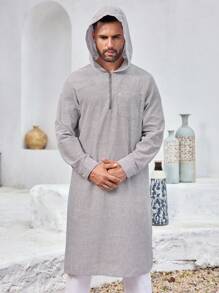 Manfinity Homme Bata con capucha a rayas de estilo árabe para hombres, mezcla de algodón transpirable - Caqui - Ver 4