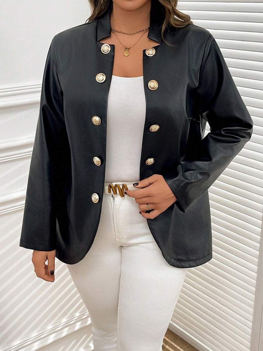SHEIN Clasi Plus Size Women's Spring & Autumn Solid Color Long Sleeve Metal Button PU Loose Casual Jacket