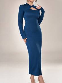 Modelyn Women's Solid Color V-Neck Twist Hollow Long Sleeve Slim Elegant Midi Dress, Spring Autumn Long Evening Dresses - Teal Blue - View 6