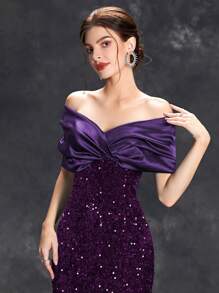 Vestido formal con volantes y lentejuelas off-shoulder, vestido elegante de estilo sirena para baile de graduación, boda, invitado, ceremonia de graduación, fiesta de cóctel - Morado - Ver 4