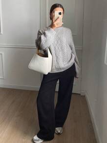 DAZY Plain Loose Long Sleeve Crew Neck Sweater For Women - Grey - View 9