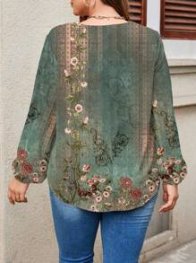 EMERY ROSE Vintage Pattern Loose Plus Size Women V-Neck Lantern Sleeve Long Blouse, Suitable For Autumn And Winter Autumn And Winter