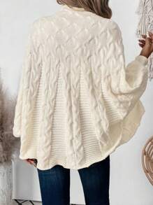 高领粗针织蝙蝠袖休闲宽松开衫毛衣 - 米色 - 查看 2