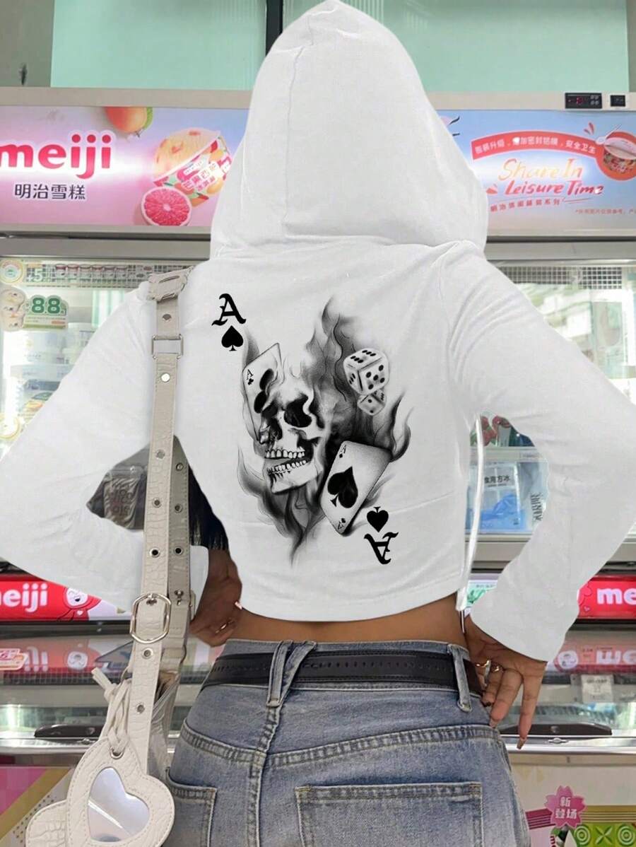 SHEIN EZwear 女式简约休闲骷髅图案印花连帽拉链运动衫，秋冬，长袖上衣 - 白色 - 查看 1