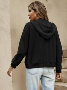 SHEIN LUNE Women's Solid Color Dropped Shoulder Long Sleeve Hooded Zip-Up Casual Jacket, Spring & Fall