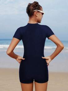 SHEIN 1 件青少年女孩连体防晒泳衣，半袖和方腿，夏季泳池/海滩