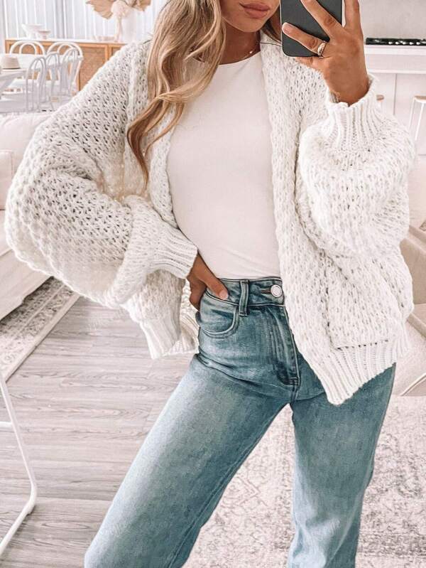 Women's Oversized Cute Crochet Cardigan Casual Lightweight Hollow Out V Neck Open Front Sweater