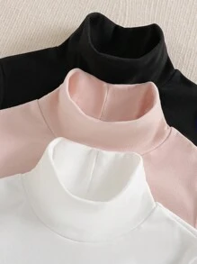 SHEIN 3pcs Tween Girl Casual High Neck Long Sleeve Cat Print Thermal Lined T-Shirts Chic Outfits For Autumn/Winter