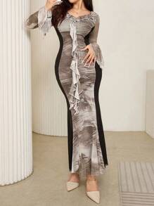 Modelyn Váy bodycon dài thanh lịch dành cho nữ có bèo nhún, màu tương phản, eo nhún & tay loe - màu nâu - Xem 4
