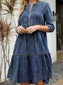 Women's Short Sleeve Denim Dress - Medium Wash - View 2