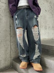 Manfinity EMRG Pantaloni di jeans a palloncino ampi e stinti vintage da uomo stile Y2K streetwear, blu navy - blu polveroso - Visualizzare 3