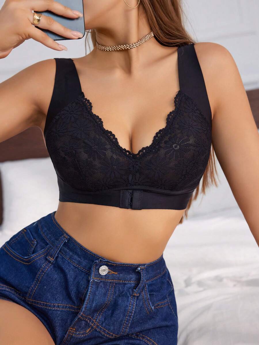 1pc Women's Contrast Lace Wireless Bra, Lingerie - Black - View 1
