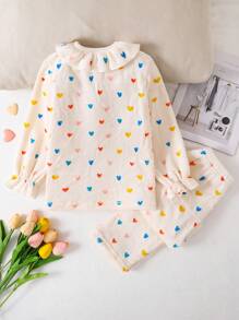 2pcs Young Girl Ruffle Trim Colorful Heart Print Plush Casual Long Sleeve Top And Pants Pajama Set, Comfortable Loungewear, Autumn Winter - Multicolor - View 2