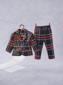 SHEIN 2pcs/Set Vintage British Style Baby Boys Formal Suit Set, Including Long Sleeve Plaid Blazer Jacket And Loose Shorts, Classy Red-Green Tartan Pattern, Suitable For Parties, Weddings, Birthday, Performances, School Events And Other Formal Occasions, For Christmas
