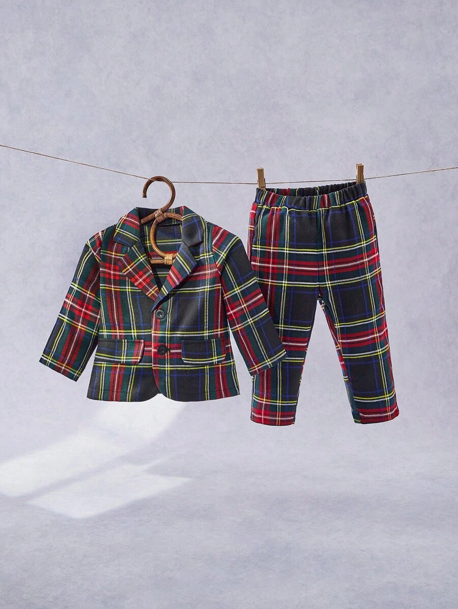 SHEIN 2pcs/Set Vintage British Style Baby Boys Formal Suit Set, Including Long Sleeve Plaid Blazer Jacket And Loose Shorts, Classy Red-Green Tartan Pattern, Suitable For Parties, Weddings, Birthday, Performances, School Events And Other Formal Occasions, For Christmas