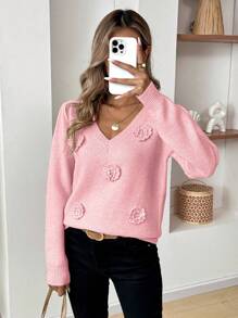 Chiquease Casual V-Neck Pullover Sweater For Women Knit Pullover Fall Winter - Pink - View 4