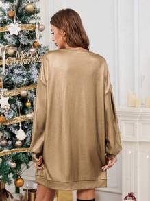 SHEIN Essnce Rochie de damă, mâneci felinar, decolteu în V, largi, sclipici, culoare uni, mini rochie, îmbrăcăminte de stradă șic, elegantă, sclipicioasă mâneci felinare oversize casual elegant High Street toamnă iarnă costum de zână rochie rochie de petrecere - Kaki - Vizualizare 5