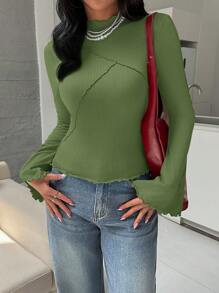 SHEIN Essnce Women's Casual Fashion Street Shooting 90s All-Match Flare Sleeve Slim Fit T-Shirt Lettuce Hem Long Sleeve T-Shirt, Spring & Autumn Fall Women Top - Army Green - View 3