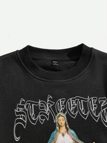 Manfinity VCAY Men's Loose Drop Shoulder Virgin Mary And Angel Print Sweatshirt, Autumn - Black - View 5