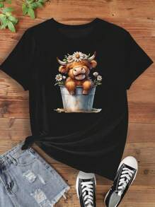 Calvaya 大码女式可爱花卉和西部高地奶牛印花圆领短袖 T 恤图案 T 恤女式上衣 - 黑色 - 查看 1