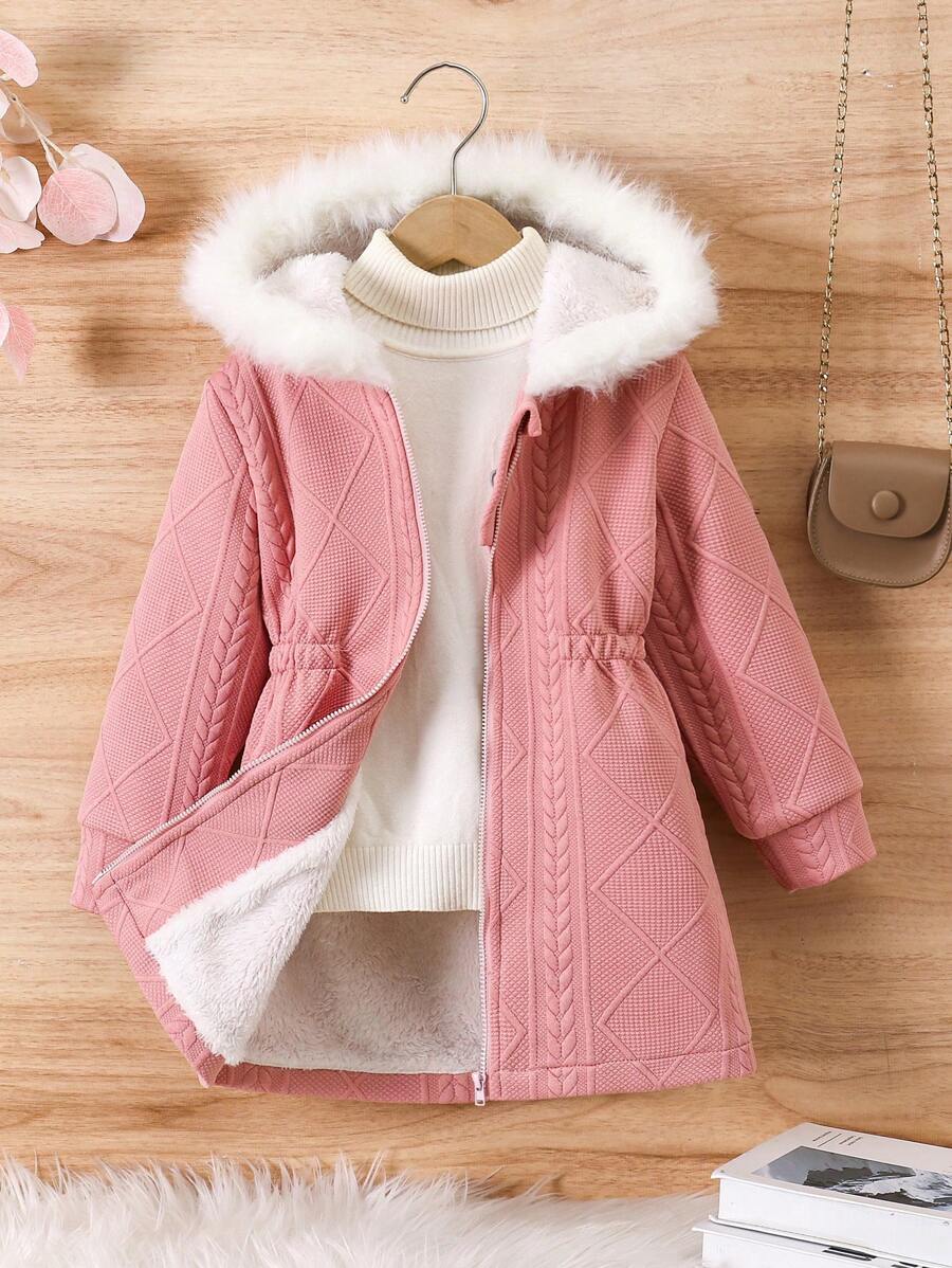 SHEIN Young Girl Hooded Fluffy Patchwork Thermal Lined Zip-Up Long Sleeve Jacket