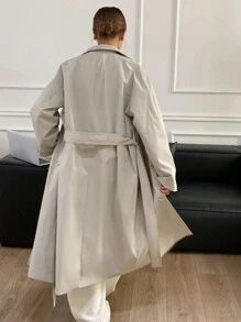 DAZY 1pc Women's Loose Solid Color Long Sleeve Waist Belt Pocket Trench Coat